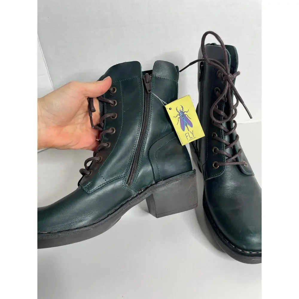 NEW NWOB Fly London Women's MILU Side-Zip Lace-up Ankle Boot Green Sizde 37